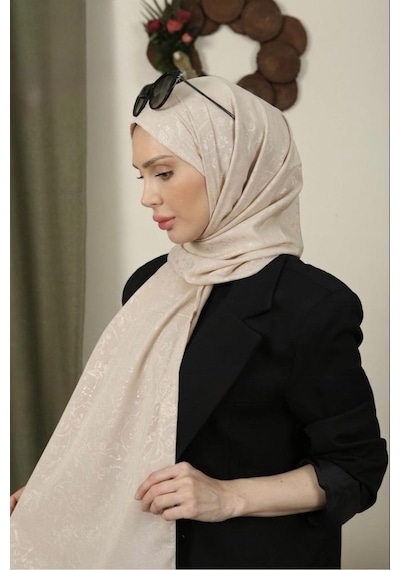 Flora Tekstil Çiçekli Desen İnce Medine İpeği Jakar Şal Açık Bej