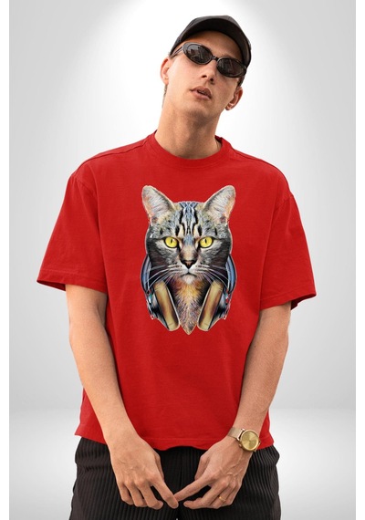 Kulaklık Kedi Pamuklu Bisiklet Yaka Unisex Oversize Boyfriend Dijital Baskılı Kırmızı T-shirt Kırmızı