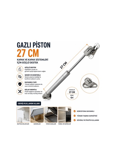 27 Cm Gazlı Piston Dolap Kapak Destek Amortisörü Yavaş Açılır Kapak Pistonu Gri - Krom