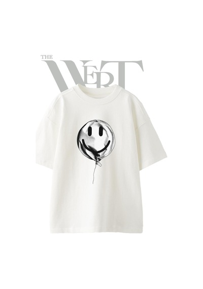 Thewert Smiley Balon Tasarım Baskılı Ünisex Beyaz Oversize T-shirt