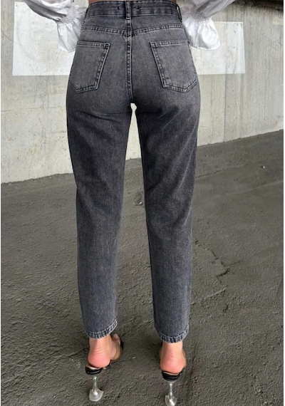 Kene Jeans Yüksek Bel Füme İşlemli Tam Kalıp Lazer Yırtık Mom Jeans Füme İşlemli