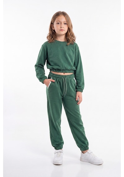 Panios Kids 2'li Yuvarlak Yakalı Beli Lastikli Crop Kesim 4 Parça Kız Çocuk Alt Üst Eşofman Takımı Haki-kırmızı