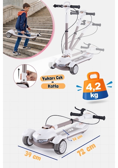 Prego Veyron Bluetoothlu Müzikli Işıklı Çocuk Scooter Katlanabilir - Yükseklik Ayarlı Bej