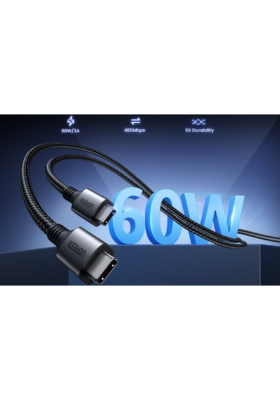Ugreen Usb-c 60w 3a Qc Pd Örgülü Hızlı Şarj Kablosu, 1 Metre, Siyah, 15373 -