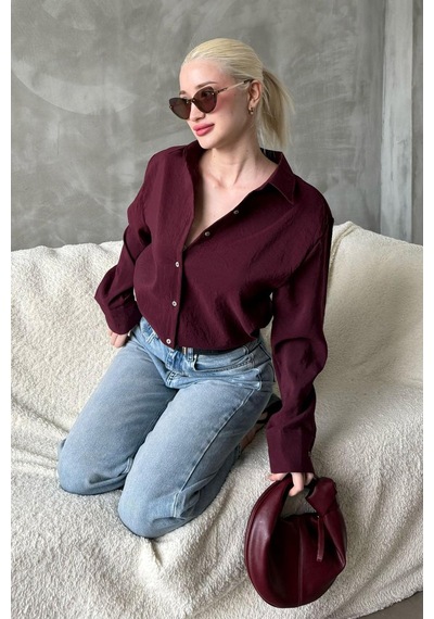 Madmext Bordo Kırışık Desen Kadın Gömlek Mg2313 Bordo