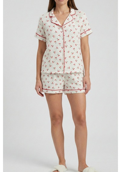 Cherry Ekru Biyeli Müslin Dokuma Şortlu Pijama Takımı Beyaz