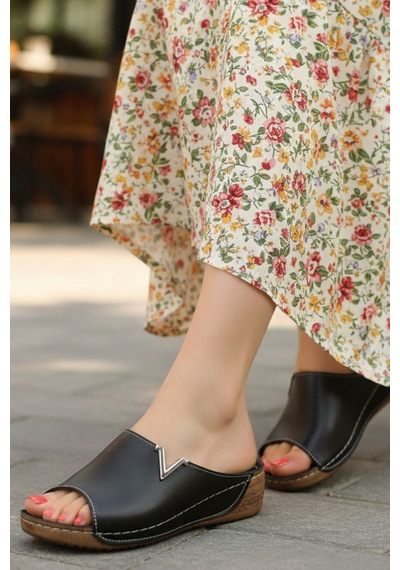 Napa Shoes Hakiki Deri Yumuşak Taban Rahat Günlük Kadın Terlik Napa-211 Siyah