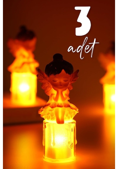3lü Led Mum Kanatlı Melek Tip Dumansız Pilli Alevli Dekoratif Yapay Mum Işıldak Kahve 1037-7 Diğer