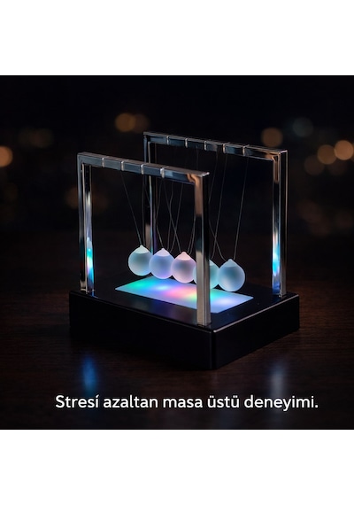 Stres Azaltıcı Ofis Masa Dekoru 5 Toplu Renkli Led Işıklı Newton Denge Topları Dekoratif Hediye