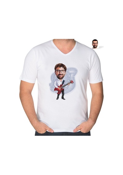 Abluka Online Kişiye Özel Erkek Gitarist Karikatürlü V Yaka Tişört-2