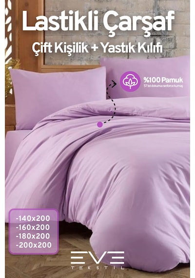 Eve Tekstil Pamuklu Çift Kişilik Rainforce Kumaş Lastikli Çarşaf Ve Yastık Kılıfı Set Lila