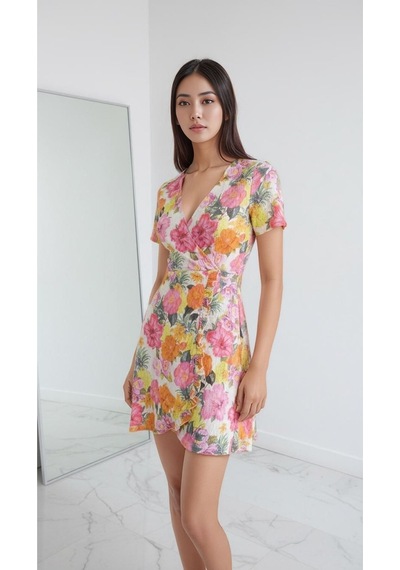 Mamayaga Kadın Kruvaze Yaka Volanlı Etek Bele Oturan Desenli Casual Şık Mini Elbise Pembe