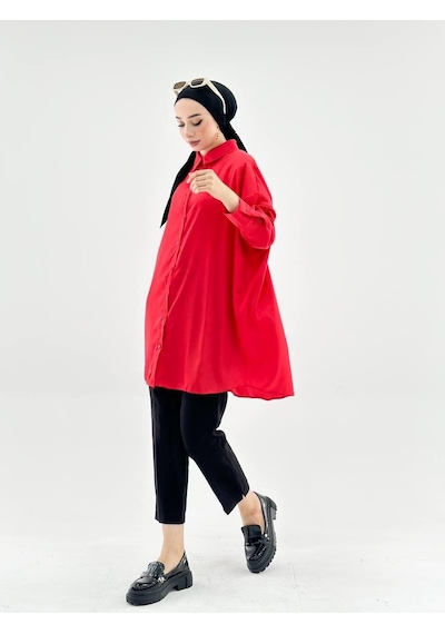 Vioshine Vıoshıne Kadın Oversize Saten Gömlek-kırmızı Kırmızı
