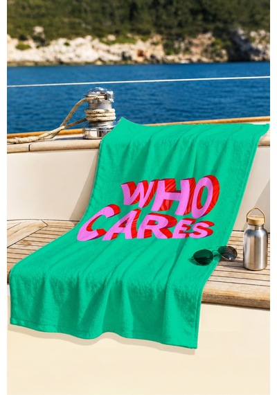 Who Cares Yazılı Modern Typografi Plaj Havlusu - Yeşil Pembe Pop Art Hızlı Kuruyan Mikrofiber Havlu Köpük Ada