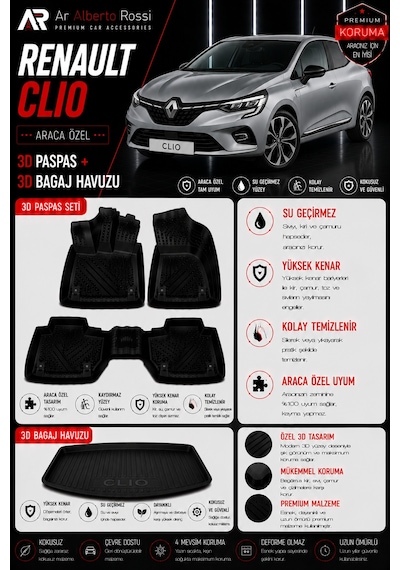Renault Clio 3 2006-2012 Araca Özel 3d Paspas + 3d Bagaj Havuzu