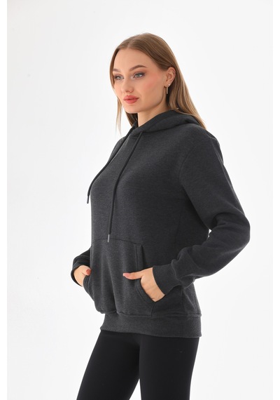 Everest Everst Kapüşonlu 3 İplik Şardonlu Cepli Sweatshirt Antrasit Antirasit