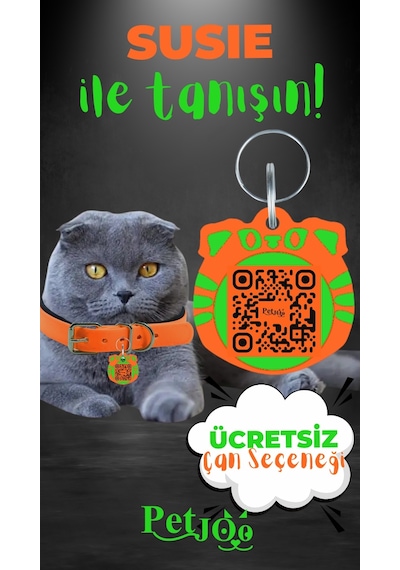 Petjoo 3.Susie Yeşil-Turuncu Qr'lı Kedi Künyesi