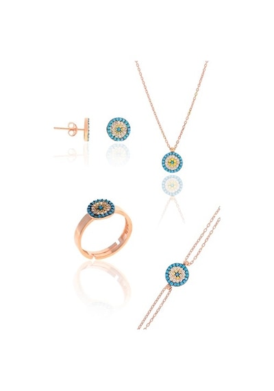 Nazar Boncuğu Tasarım Zirkon Taşlı Roslu Dörtlü Set (S) (505611373)