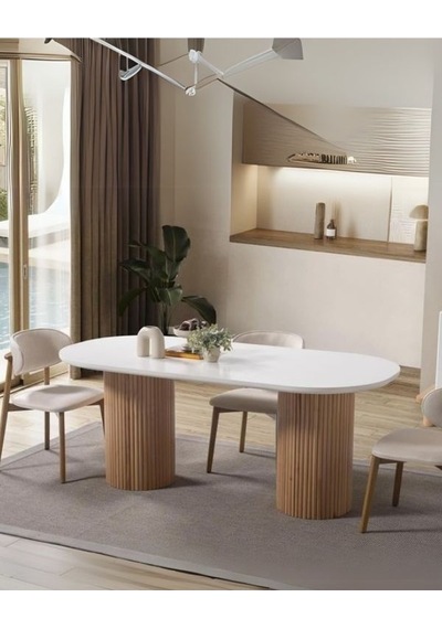 Echo İskandinav Oval Natural Ahşap Bohem Masa 90x160 Naturel - Beyaz