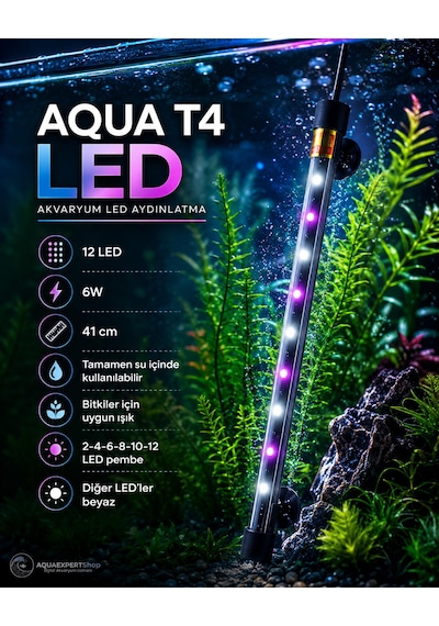 Aqua Akvaryum Işığı - Bitki Işığı - Balık Işığı - Tamamen Su İçinde Kullanılabilir - 12 Led - Pembe Beyaz - 41 Cm - Güçlü Aydınlatma - 6w
