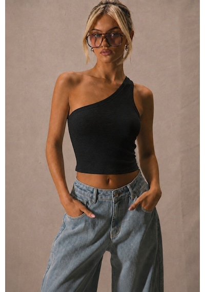 Tarz Cool Kadın Tek Omuz Crop Atlet Esnek Slim Fit Süprem Kumaş Asimetrik Yaka Bluz Siyah