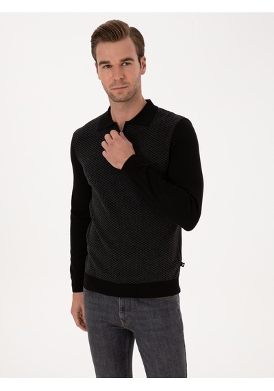 Cacharel Siyah Slim Fit Pamuk Karışımlı Fermuarlı Polo Yaka Triko Kazak