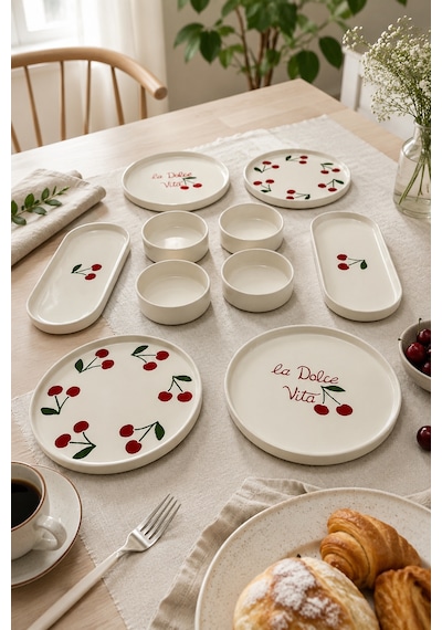 Vita Cherry 10 Parça 4 Kişilik Kahvaltı Takımı Lüx Kahvaltılık Sunum Seti Tabağı & Pasta Sunum Tabağı Beyaz