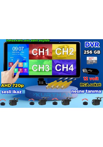 Dvr Ekran Ve 4 Ad. Ahd 720p Nesne Tanıma Sesli İkazlı Kamera Seti