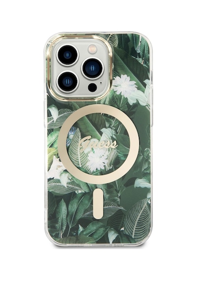 Apple Uyumlu iPhone 14 Pro Kılıf Guess Magsafe Şarj Özellikli Yaprak Desenli Kablolu Kapak