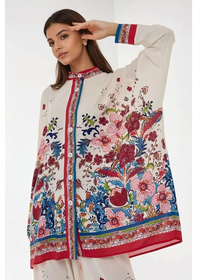 Hiccup Baskıllı Yüksek Bel Kimono Ve Pantolon İkili Modest Takım Beyaz
