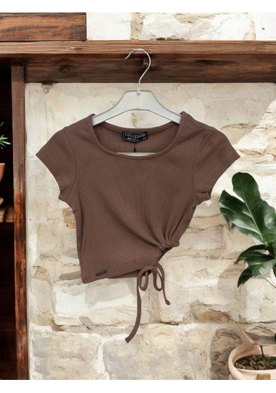 Zekids Kız Çocuk Crop Yandan Pencereli Bluz-14395 Kahverengi