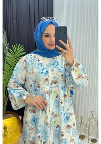 Neşeli Butik Kadın Mavi Boydan Düğmeli Çiçek Desenli Yazlık Tesettür Elbise Nms098
