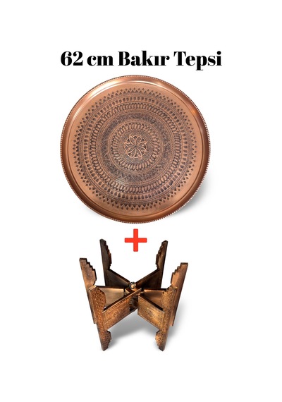 62 Cm El İşlemeli Otantik Desenli Kalın Urfa Bakır Tepsi + Katlanabilir Sehpa - Bakır-tps501 Antik Bakır