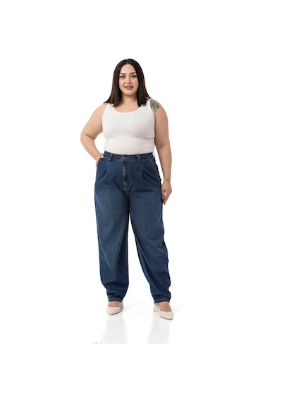 Disentis Büyük Beden Önü Pileli Yarım Balon Kesim Beli Arkadan Lastikli Cepli Denim Lacivert Pantolon Lacivert