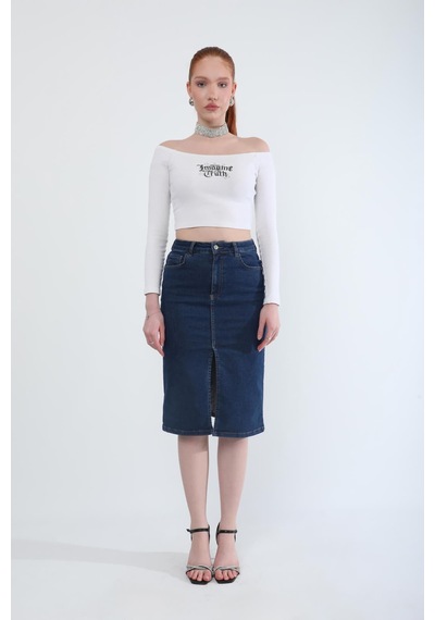 Banny Jeans Önden Yırtmaçlı Likralı Midi Jean Etek Koyu Mavi Xs