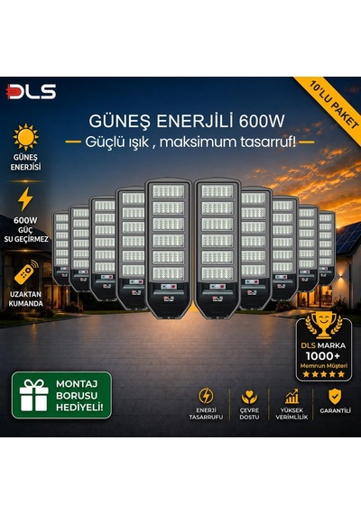 10'lu Paket Dls 600w Güneş Enerjili Solar Sokak Ve Bahçe Lambası, Lifepo4 Bataryalı, Ip66, Hareket Sensörlü, Uzak Çok Renkli
