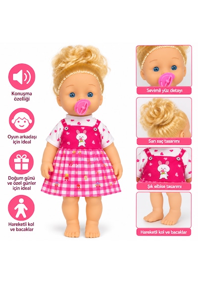 Konuşan Bebek Pembe Kareli Elbiseli Emzikli Oyuncak Bebek 001