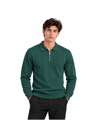 Erkek Fitilli Polo Yaka Fermuarlı Örme Triko Kazak 27151 Koyu Yeşil-aw17