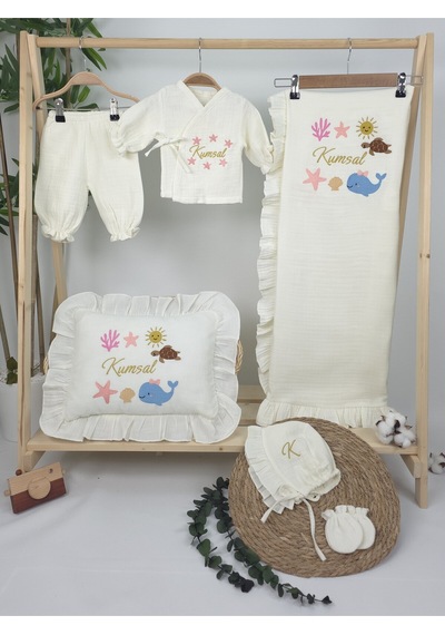 Gros Shop Müslin Yeni Doğan 4katlı Organik %100pamuk Kişiye Özgü Nakışlı Hastane Çıkış Seti Okyanus Model-2 Ekru