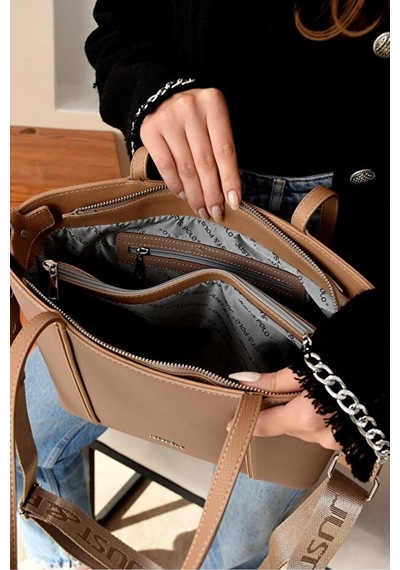 Just Polo Orijinal Kadın Orta Boy Ayarlanabilir Askılı Lüks El Ve Omuz Çantası Shoulder Bag Koyu Vizon