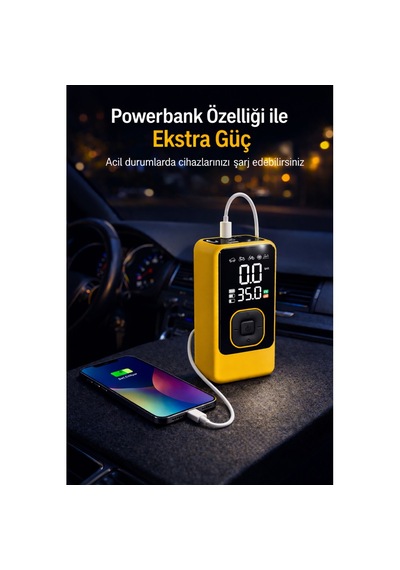 Taşınabilir Hava Pompası Dijital Ekranlı Led Işıklı Type-c Şarjlı Araç Bisiklet Top Lastik Şişirme Kompresörü Sarı