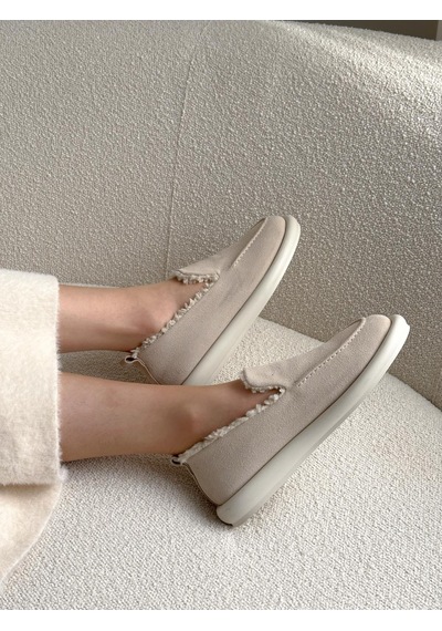 Ervanın Butiği Bej Süet Juno İci Peluş Kadın Loafer-5973