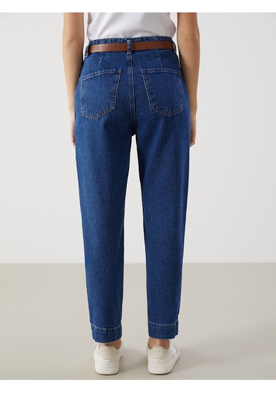 Lcw Jeans İndigo Beli Kemerli Mom Fit Kadın Jean Pantolon