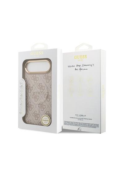 Apple Uyumlu iPhone 17 Air Kılıf Guess Lisanslı M-safe Şarjlı Gold Kamera Çerçeveli Pu Deri Yazı Logolu Pembe