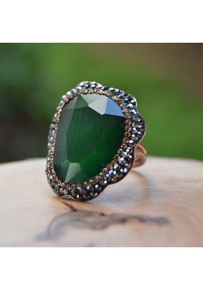 Stoneage Yeşil Kristal Ayarlanabilir Bayan  Yüzük Bronz