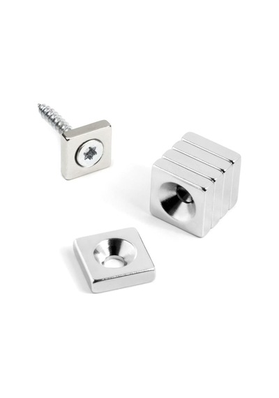 Dünya Magnet 5 Adet, Havşa Delikli, Neodyum Mıknatıs, 15x15x5 Mm, D:8/4 Mm, Köşeli, Güçlü Magnet, N35 Kalite