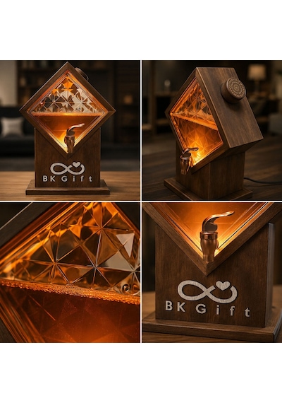 Logonuza Özel 5 Adet 2 Litre Led Işıklı Cam Ve Doğal Ahşap İçecek Dağıtıcı Seti