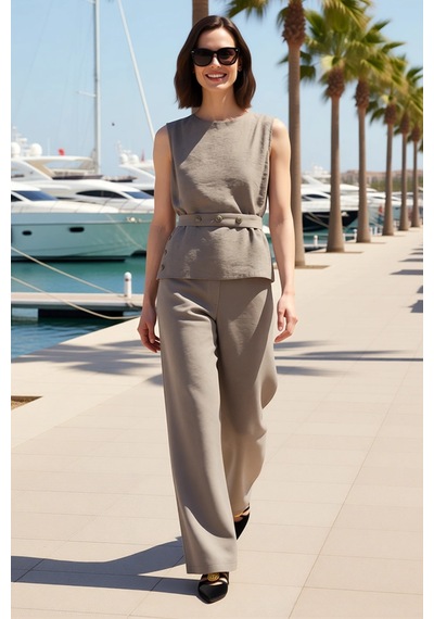 Benerly Kadın Büyük Beden Kolsuz Bisiklet Yaka Düğme Kemerli Bluz Geniş P Haki