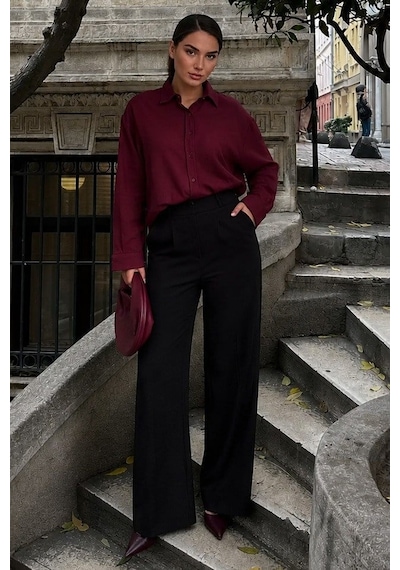 Madmext Bordo Keten Kadın Gömlek Mg2797