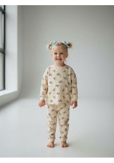 Kız Çocuk Pamuklu Fiyonklu Pijama Takımı-16829 KREM